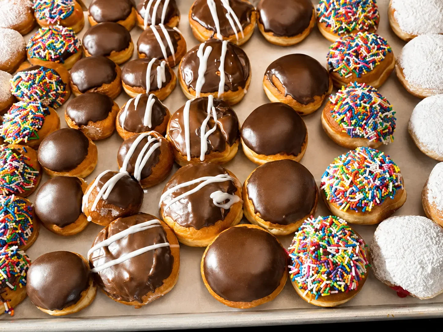 Row of filled donuts in the bakery case