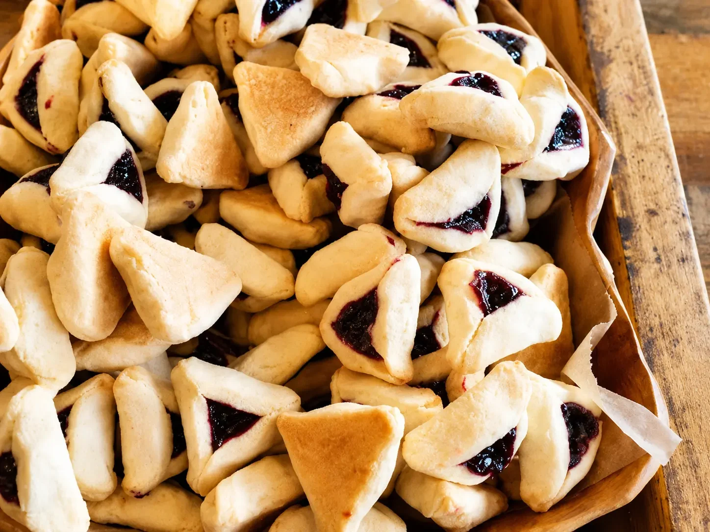 Hamantaschen and assorted cookies on display