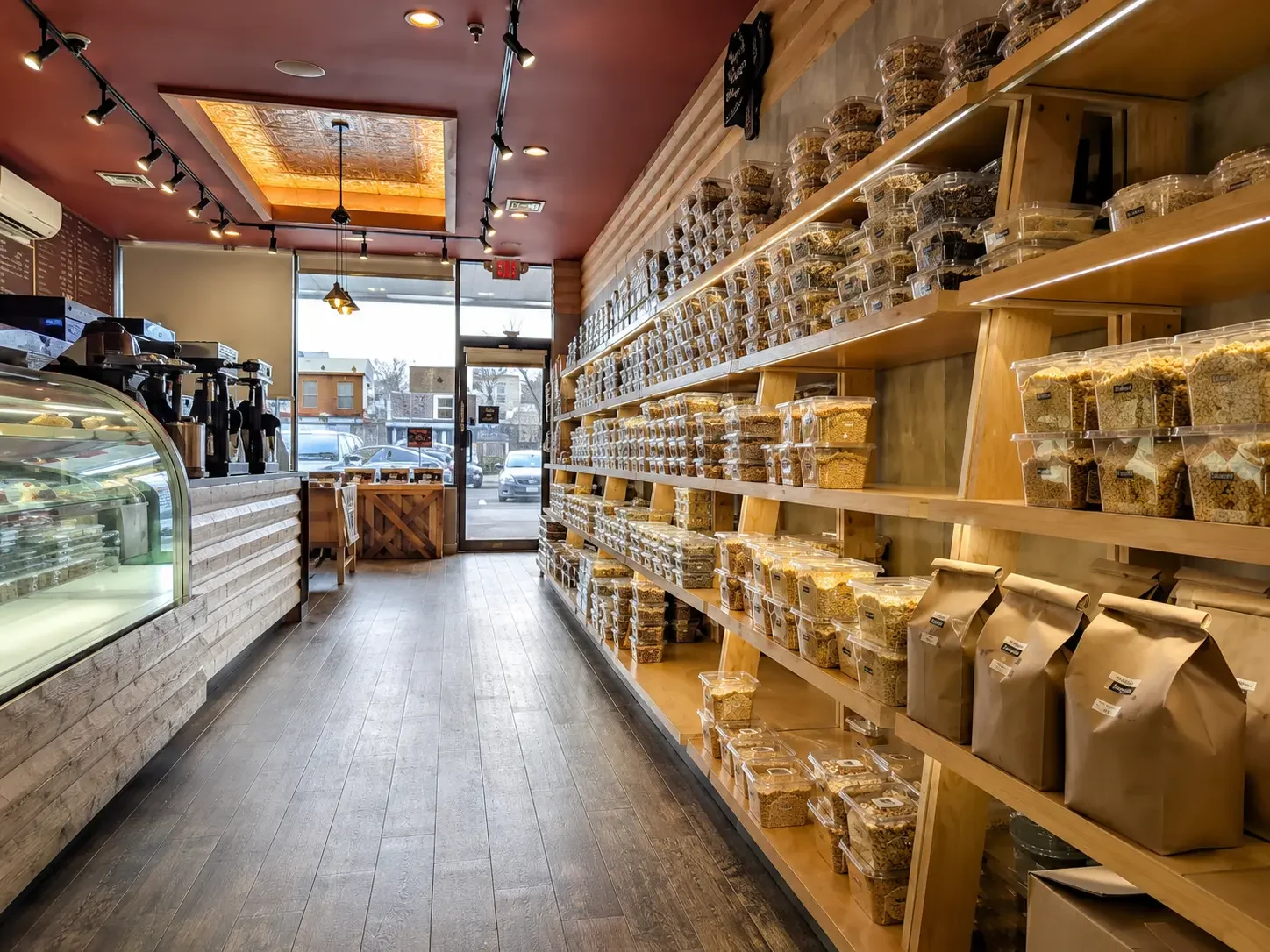 Bakery counter and shelves stocked with packaged treats